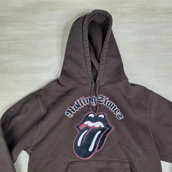 Y2K Rolling Stones Brown Hoodie Band Fleece Vintage Tour Concert Size Medium - Picture 3 of 7